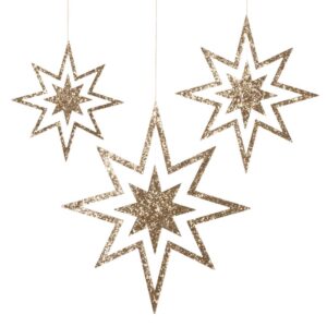 Grandes décorations en bois pailleté en forme d'étoile (x 3)